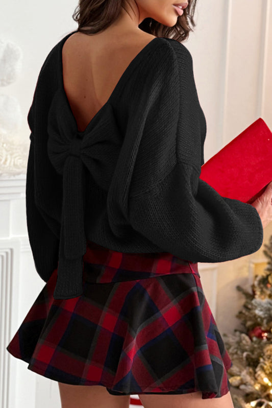 Black Festive Bow Backless Bubble Sleeve Sweater