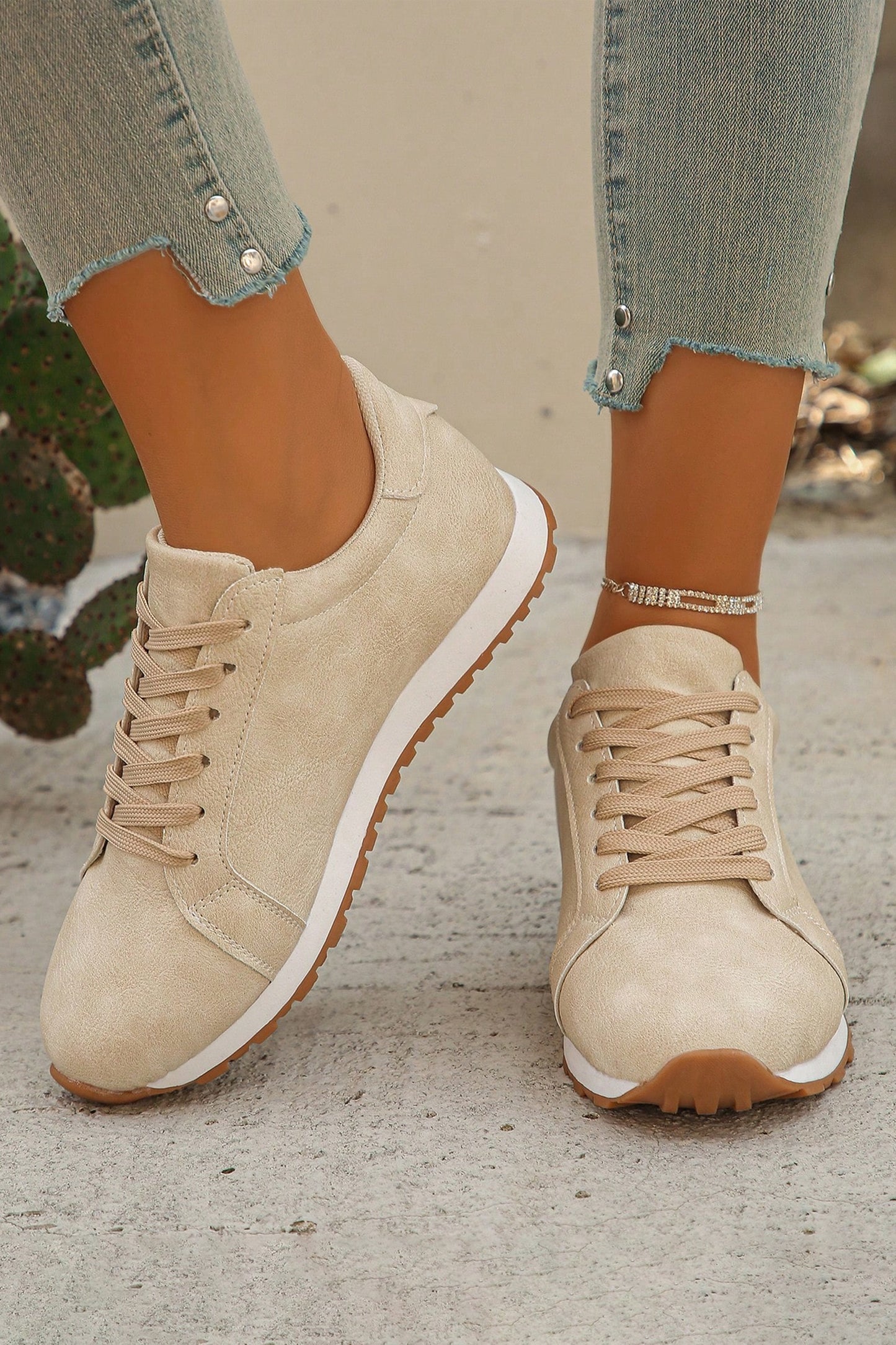 Beige Solid Color Faux Suede Lace-up Sneakers