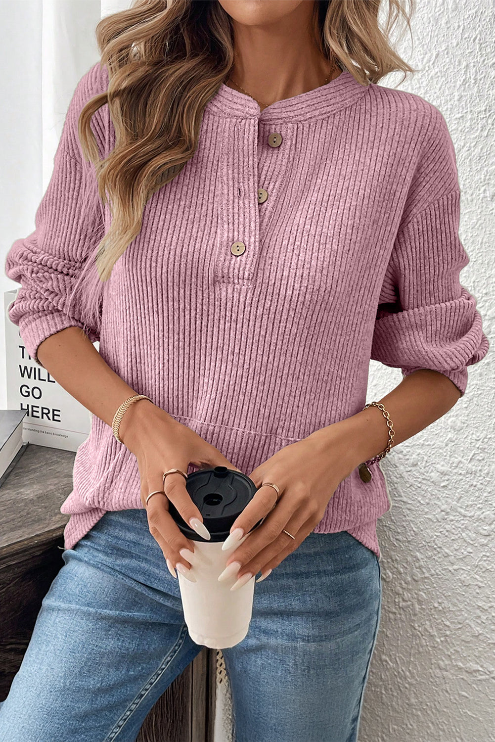 Simply Taupe Ribbed Texture Drop Shoulder Henley Knit Top