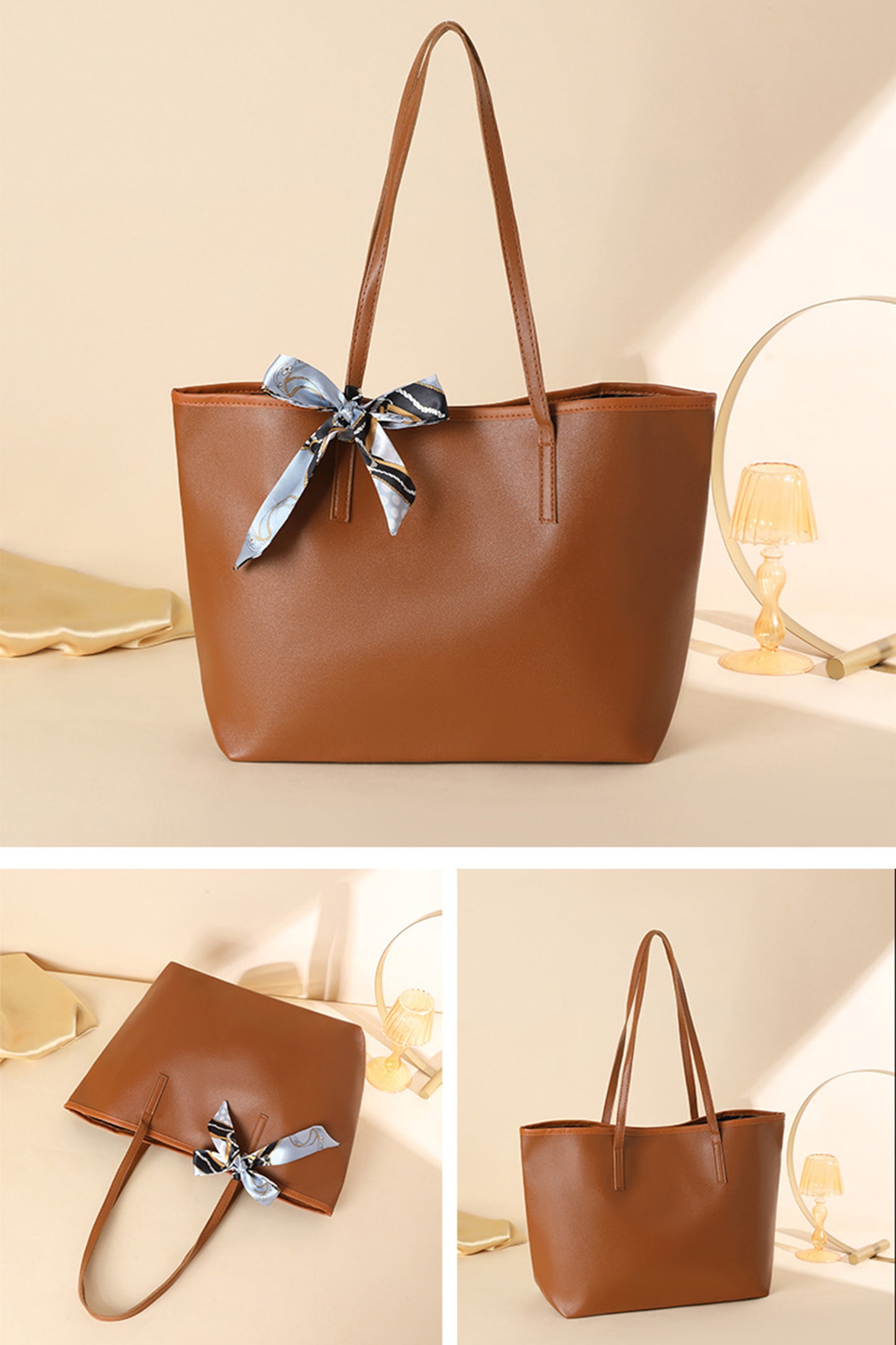 Chestnut Solid Color Large Capacity PU Leather Bag with Ribbon Detail