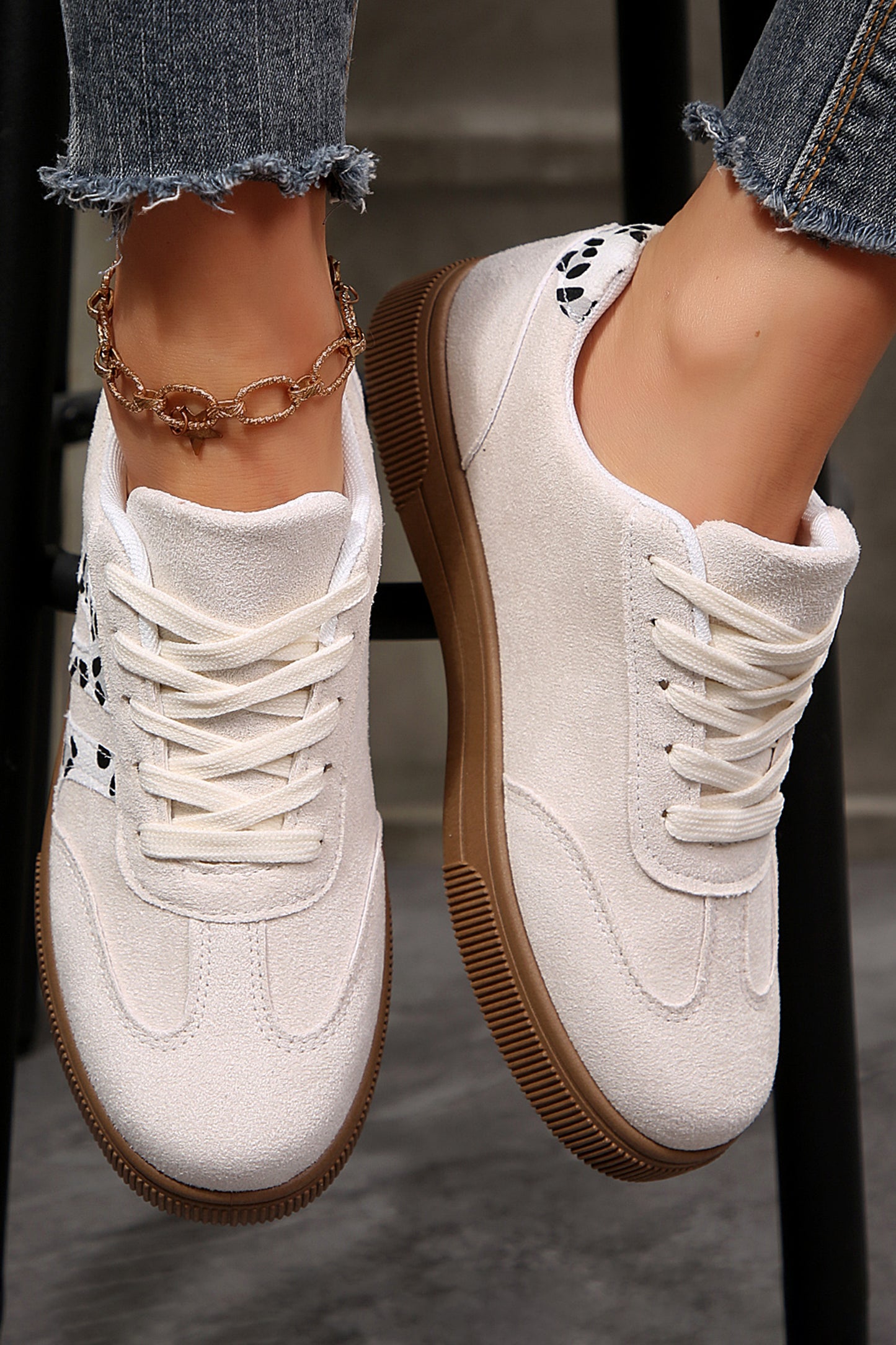 White Suede Leopard Color Block Trim Lace-up Casual Shoes