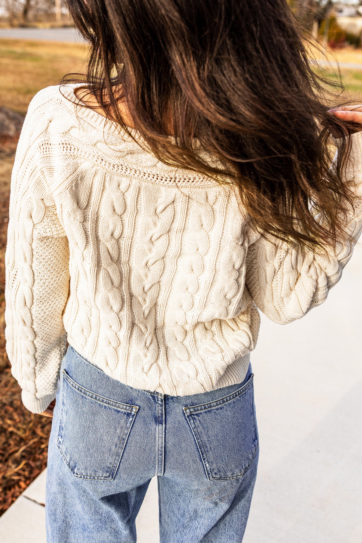 Beige Drop Shoulder Round Neck Cable Knit Sweater