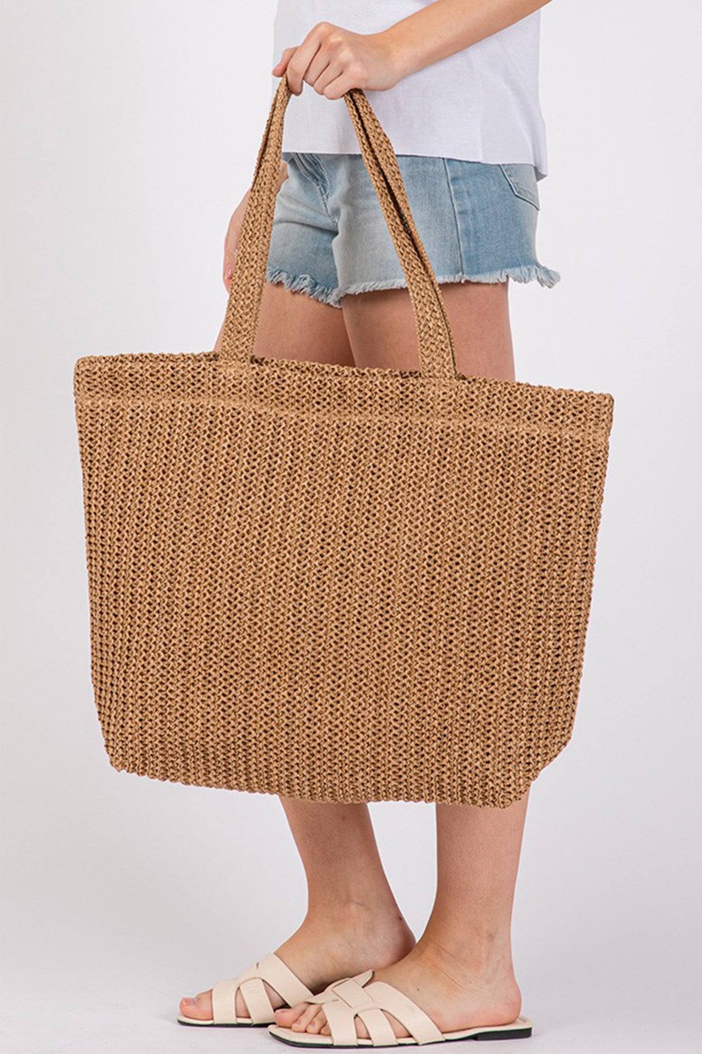 Camel Solid Color Straw Woven Summer Beach Tote Bag