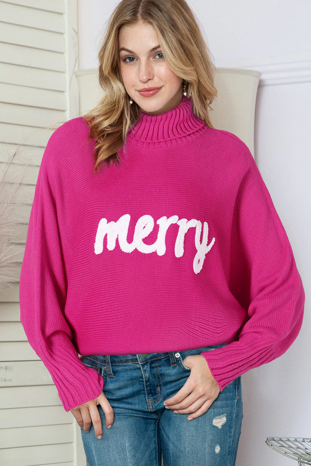 Fiery Red Merry Letter Embroidered High Neck Sweater