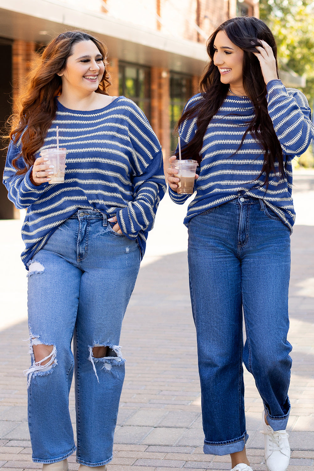 Brown Stripe Drop Shoulder Casual Sweater