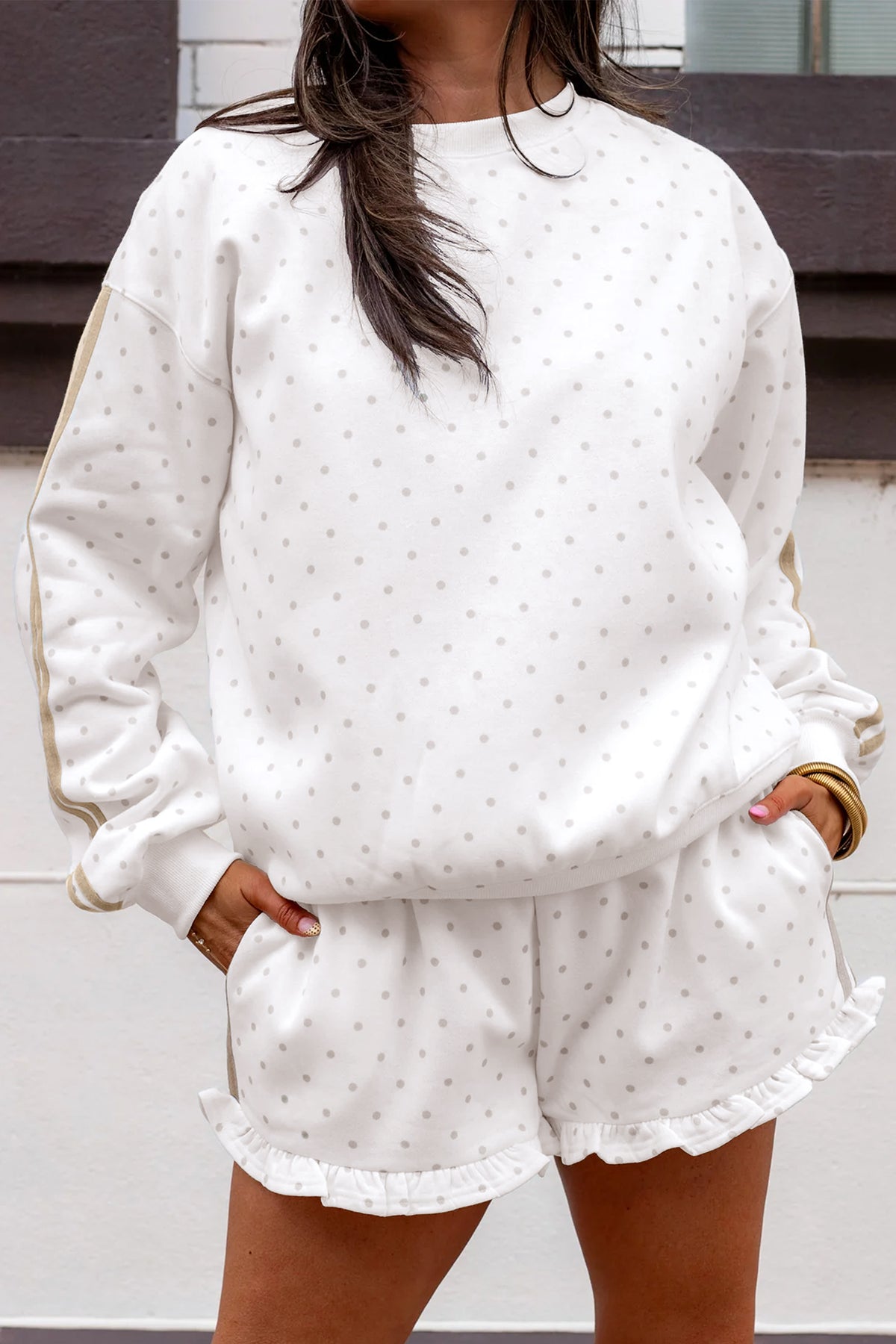 Brown Polka Dot Print Side Stripe Detail Casual Sweatshirt 2pcs Short Set