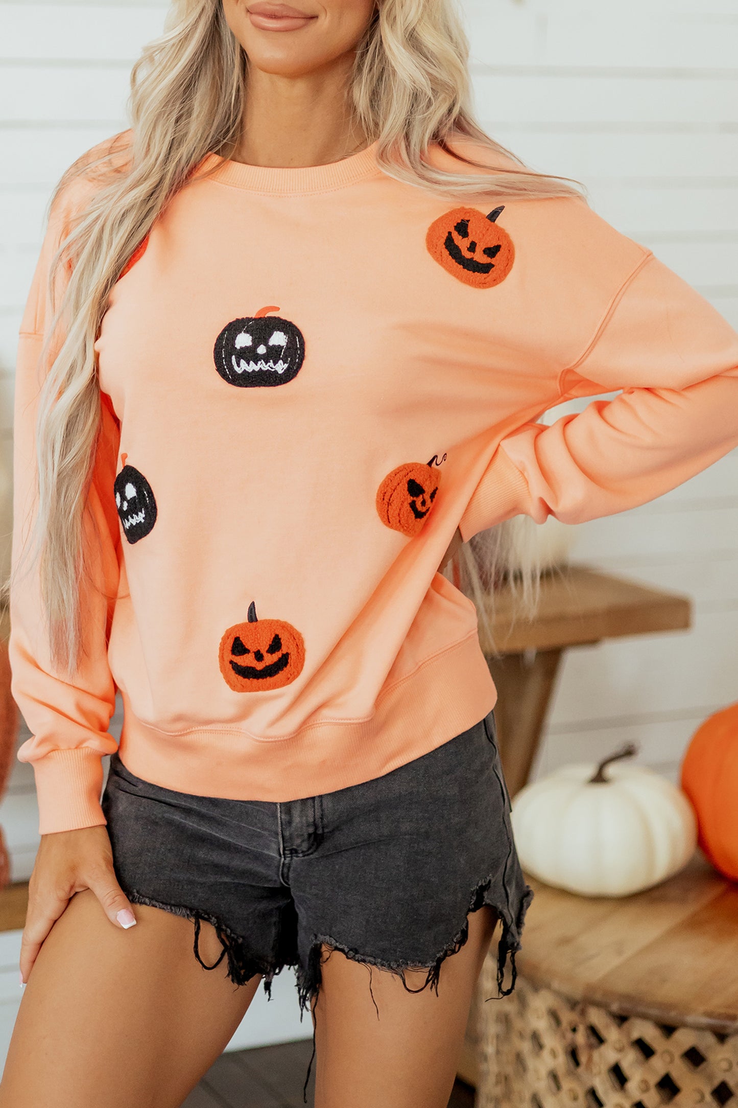 Orange Embroidered Pumpkin Face Drop Shoulder Sweatshirt