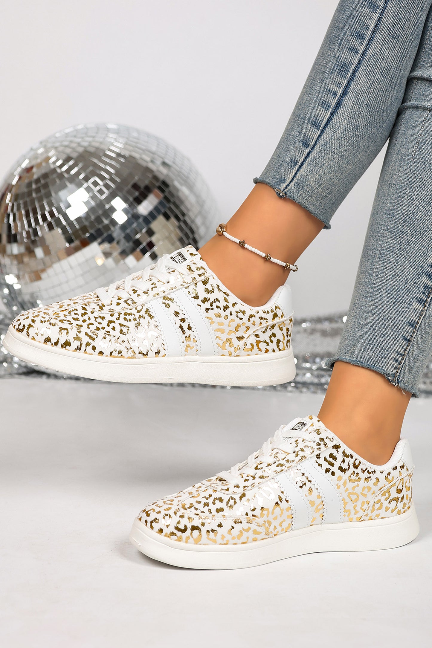 White Leopard Print PU Leather Detail Lace Up Casual Shoes
