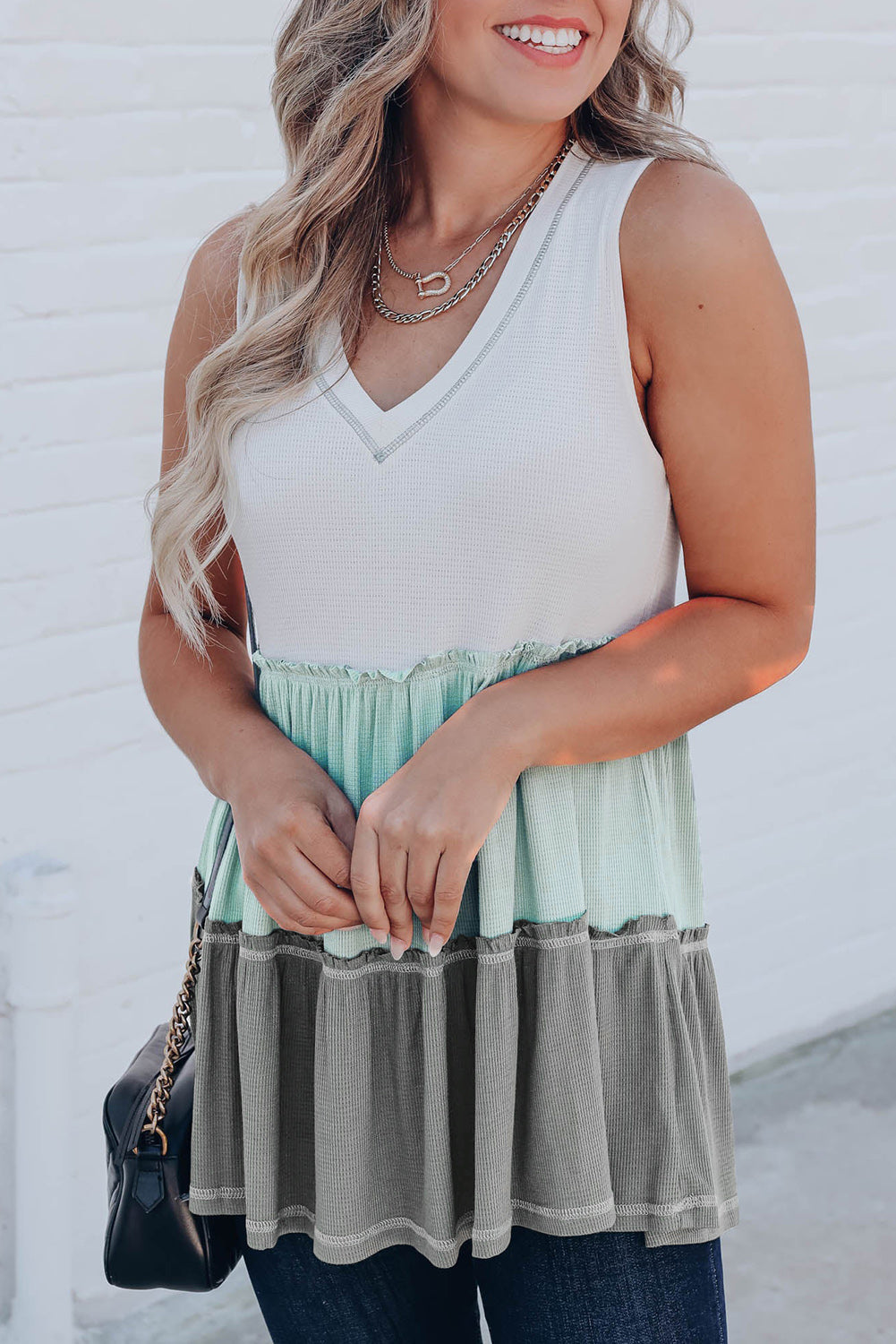 Green Ruffled V Neck Color Block Tank Top