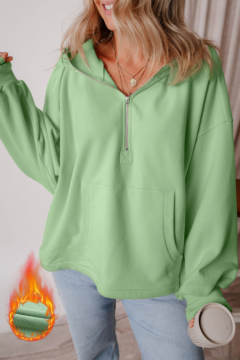 Bonbon Fleece Lined Half Zipper Kangaroo Pockets Loose Hoodie