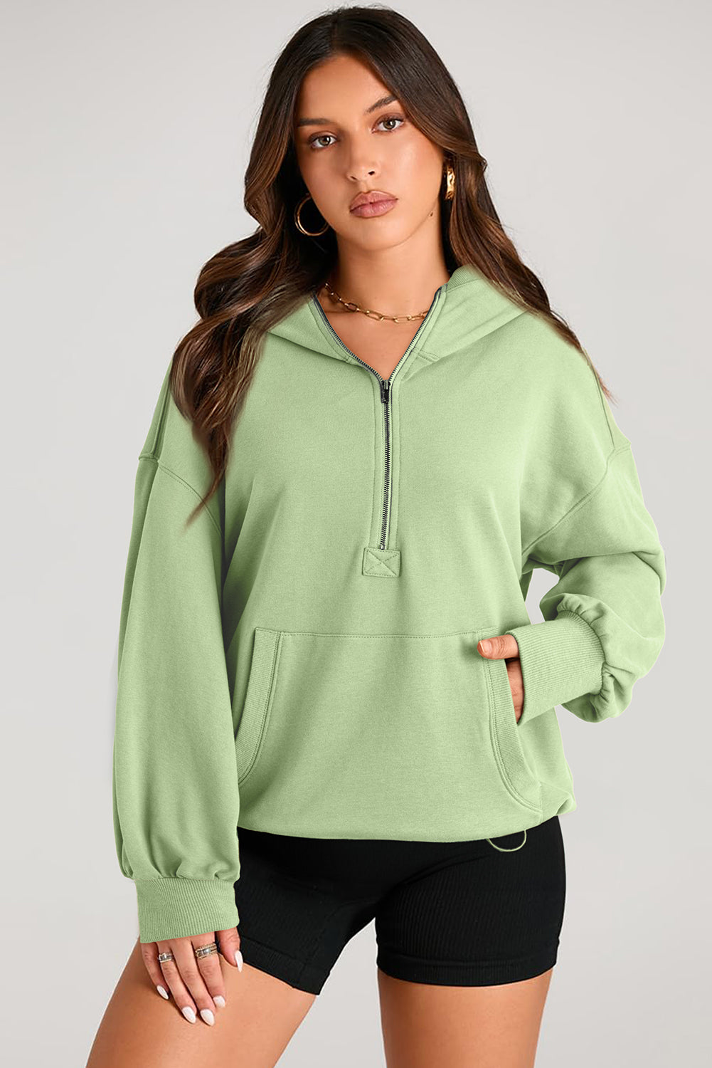 Valerian Solid Kangaroo Pocket Half Zipper Oversized Hoodie