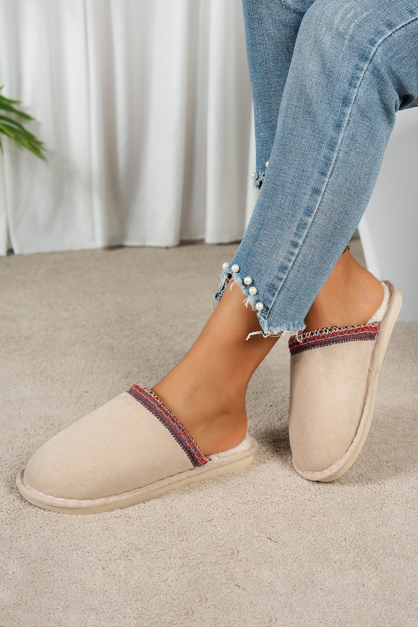 Gray Faux Suede Plush Liner Contrast Embroidered Detail Winter Slippers