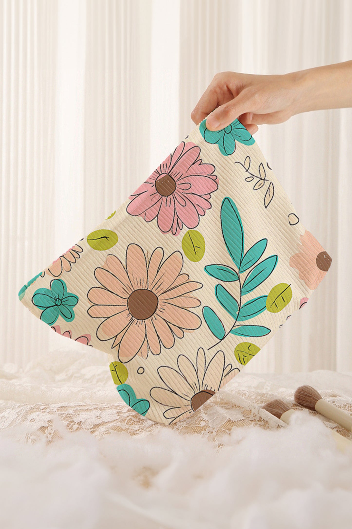 White Floral Print Corduroy Makeup Bag