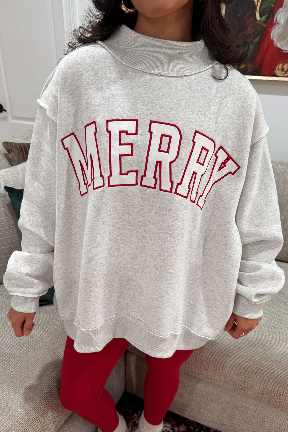 Blackish Green MERRY Embroidered Letter High Neck Tunic Pullover Sweatshirt