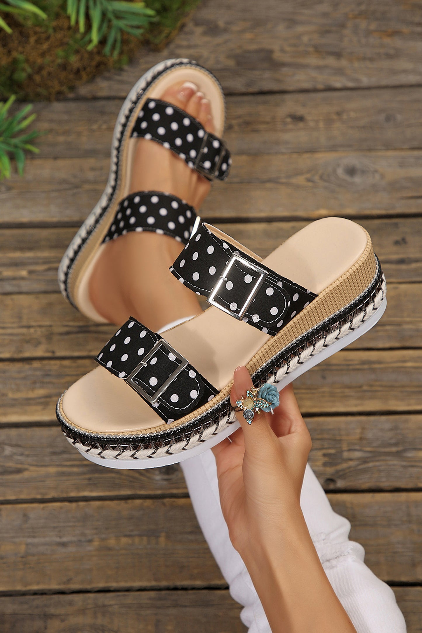 White Polka Dot Pattern Double Buckle Straps Hollow Out Platform Slippers