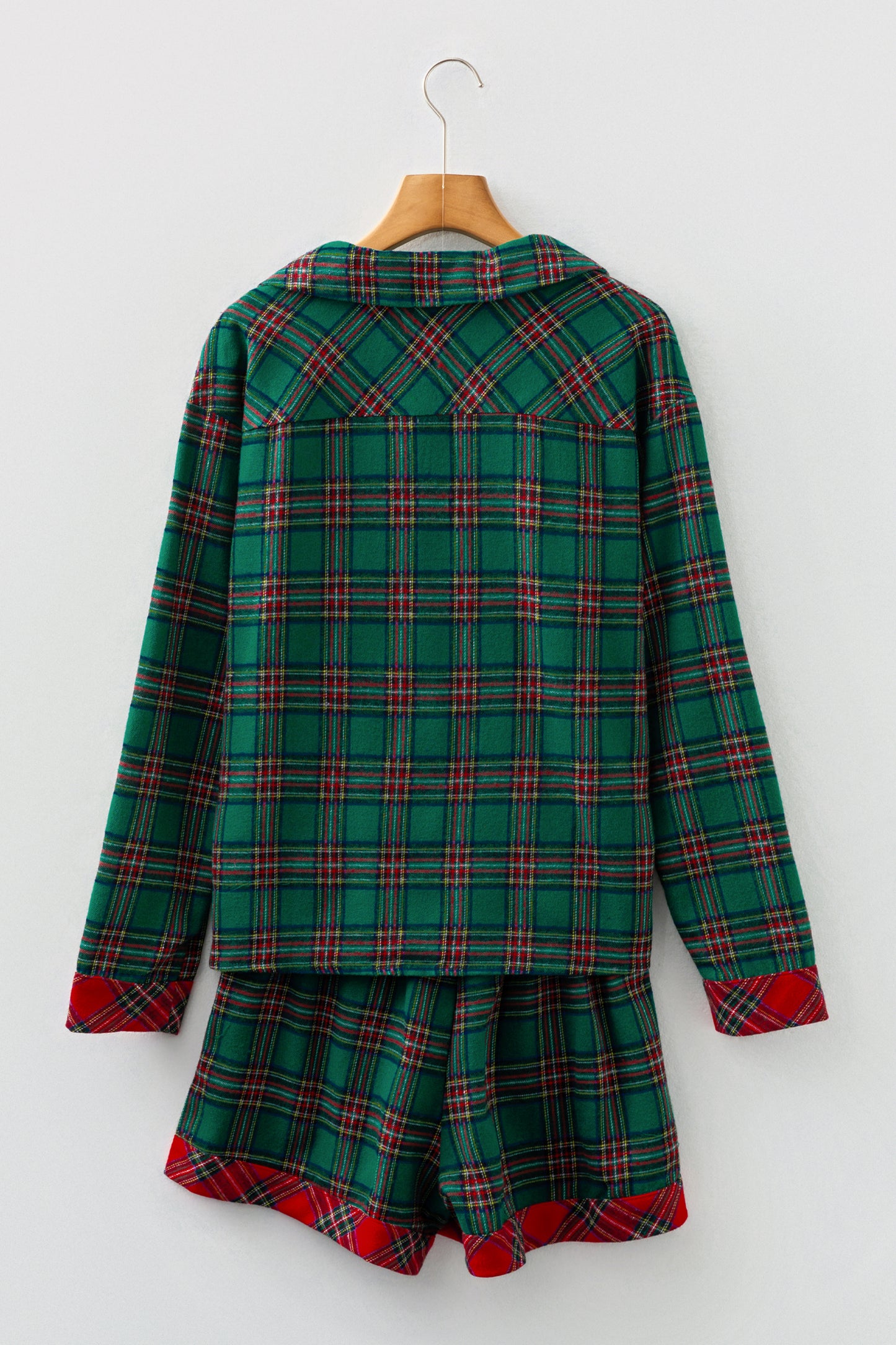 Red Plaid Contrast Patched Christmas Holiday Long Sleeve Shirt and Short 2pcs Pajama Set