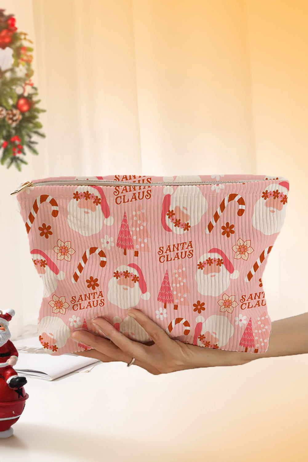 Fiery Red Christmas Fashion Print Corduroy Zip Up Cosmetic Bag