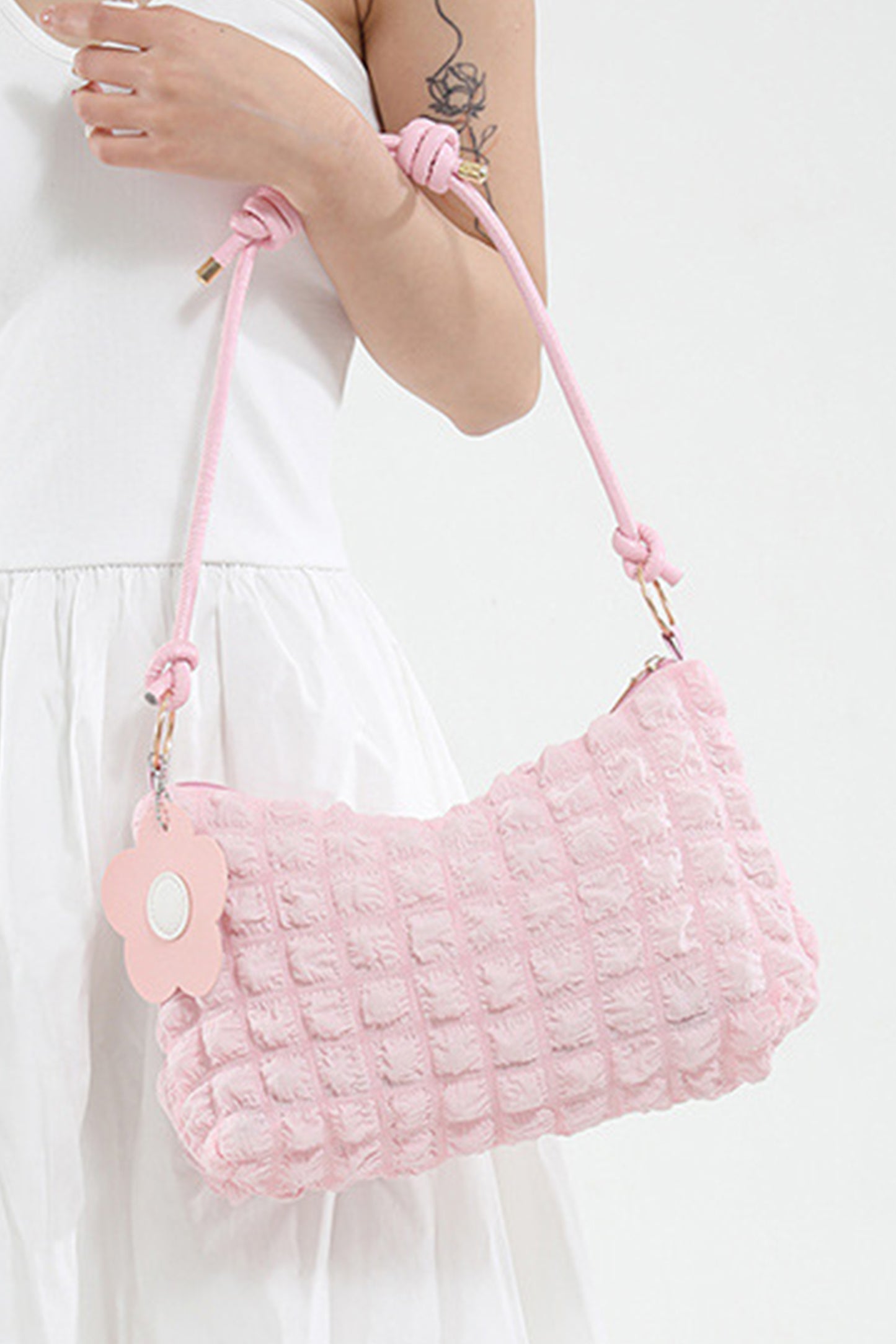 Pink Soft Bubble Textured Cord Handle Flower Shoulder Bag