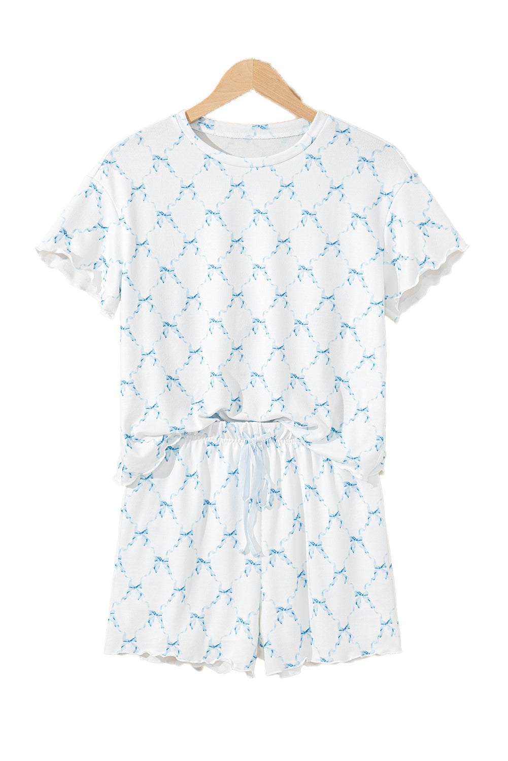 Pink Bow Knot Geometric Print Lettuce Trim Two Piece Lounge Set