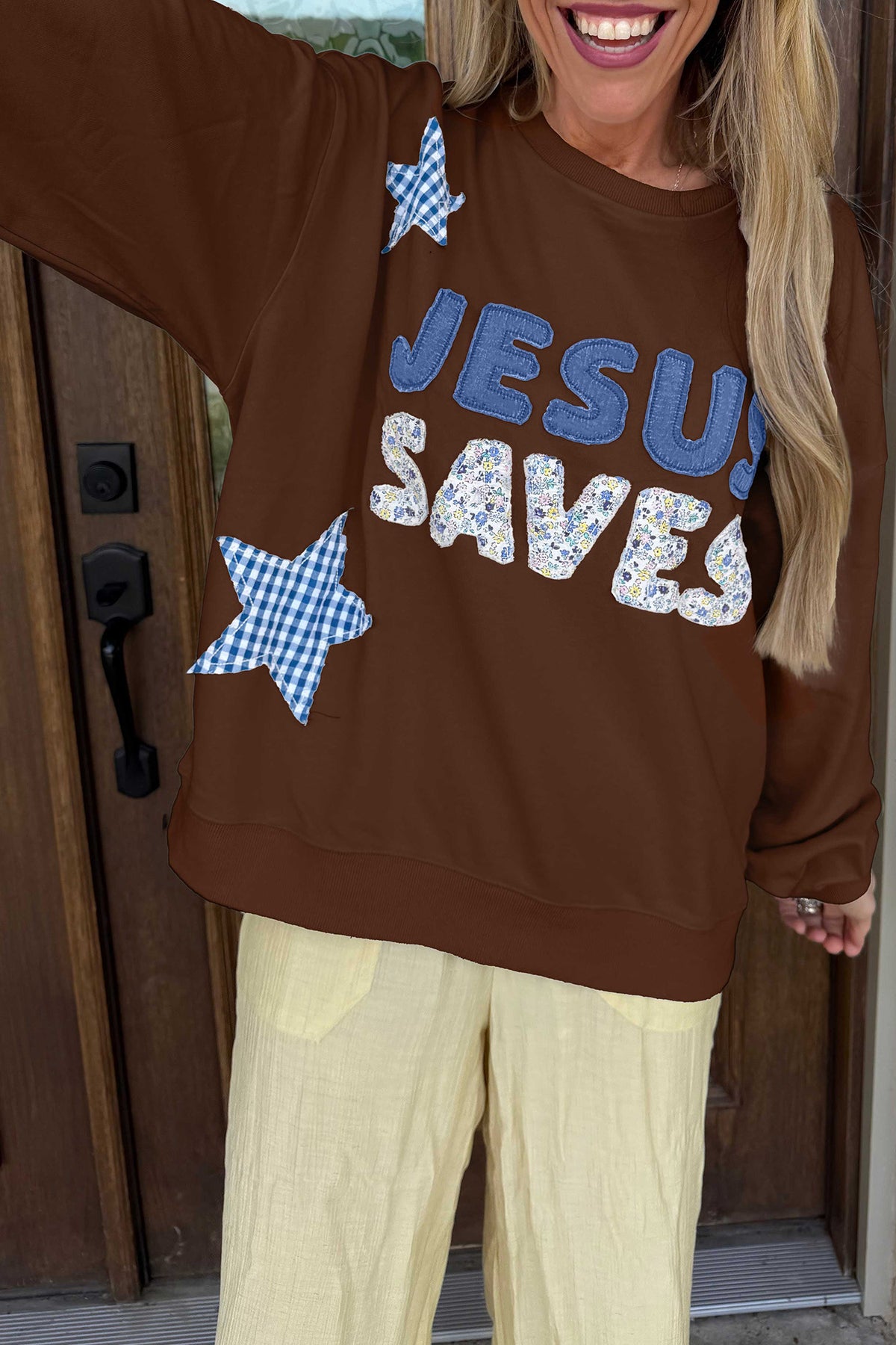 White Patchwork Stars Plaid Unique Floral Letters Baggy Sweatshirt
