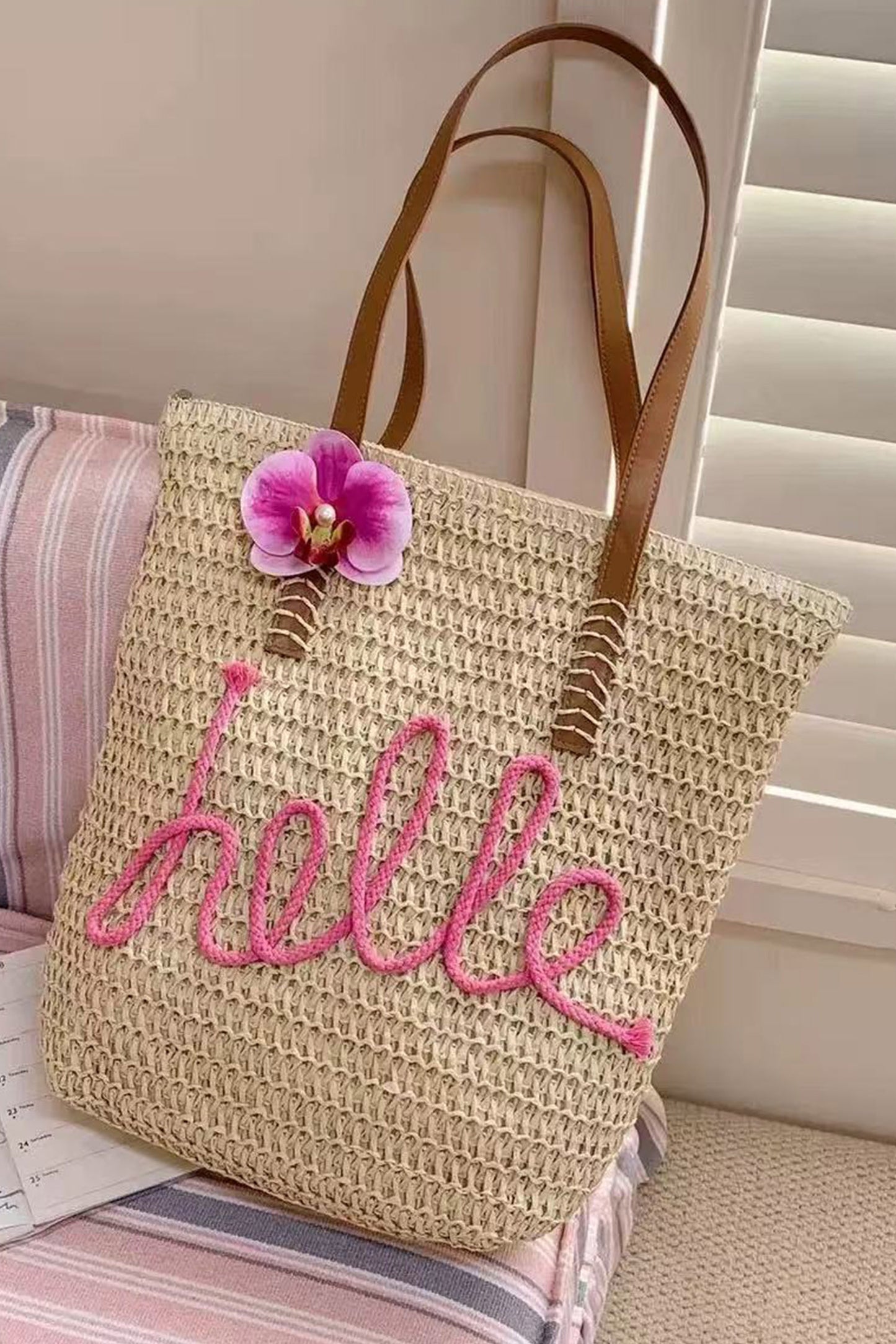Khaki Hello Boho Handwoven Floral Accent Travel Tote Bag
