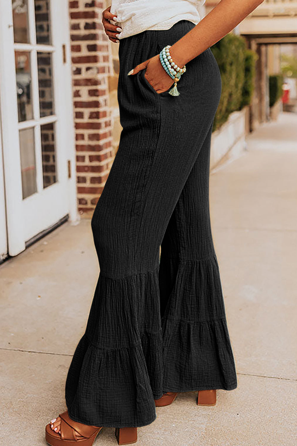 Green Textured High Waist Ruffled Bell Bottom Pants