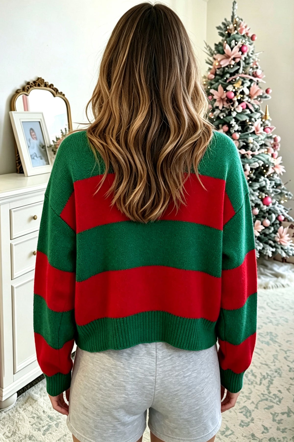 Green Stripe Festive Holly Jolly Sequin Christmas Holiday Sweater