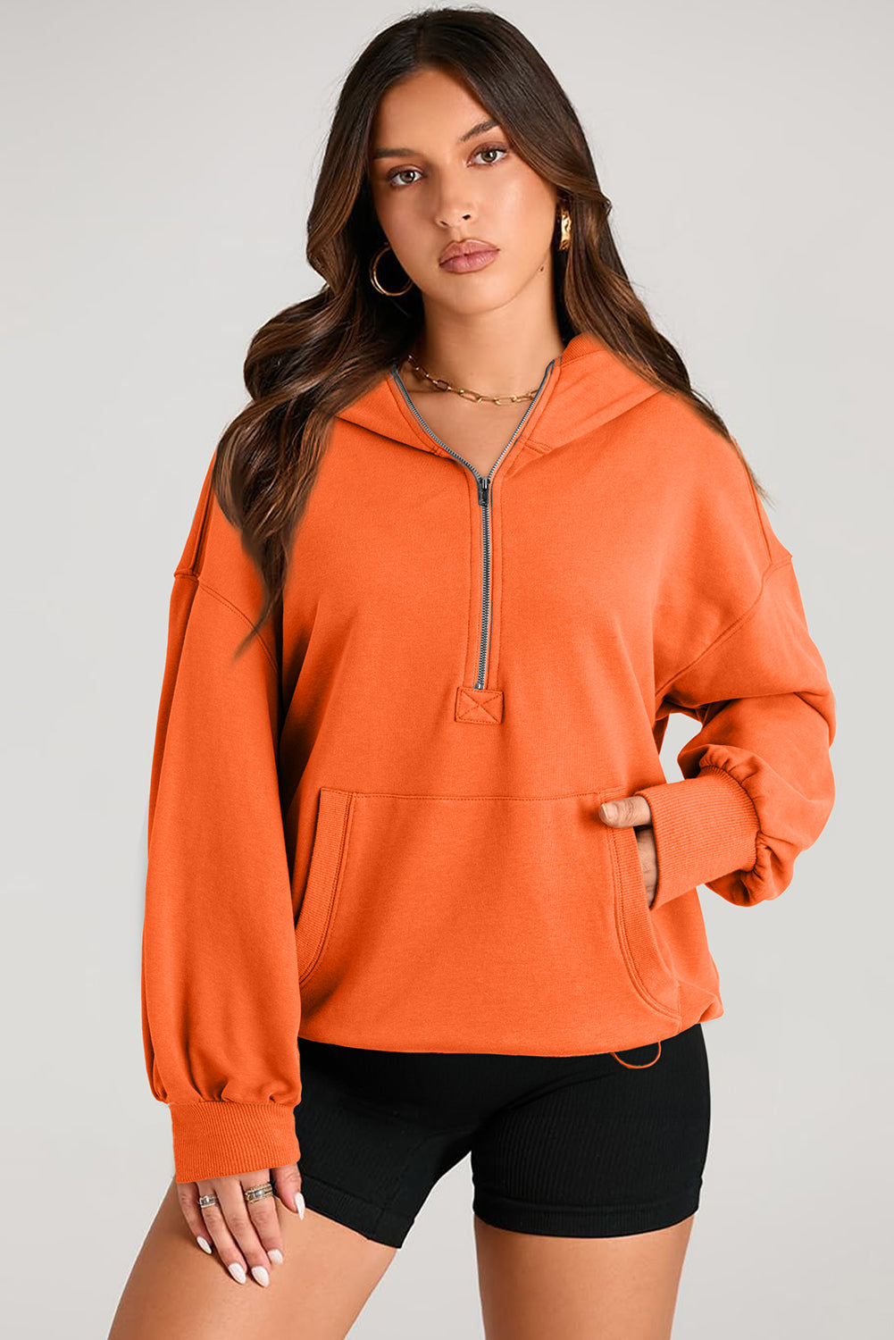 Valerian Solid Kangaroo Pocket Half Zipper Oversized Hoodie