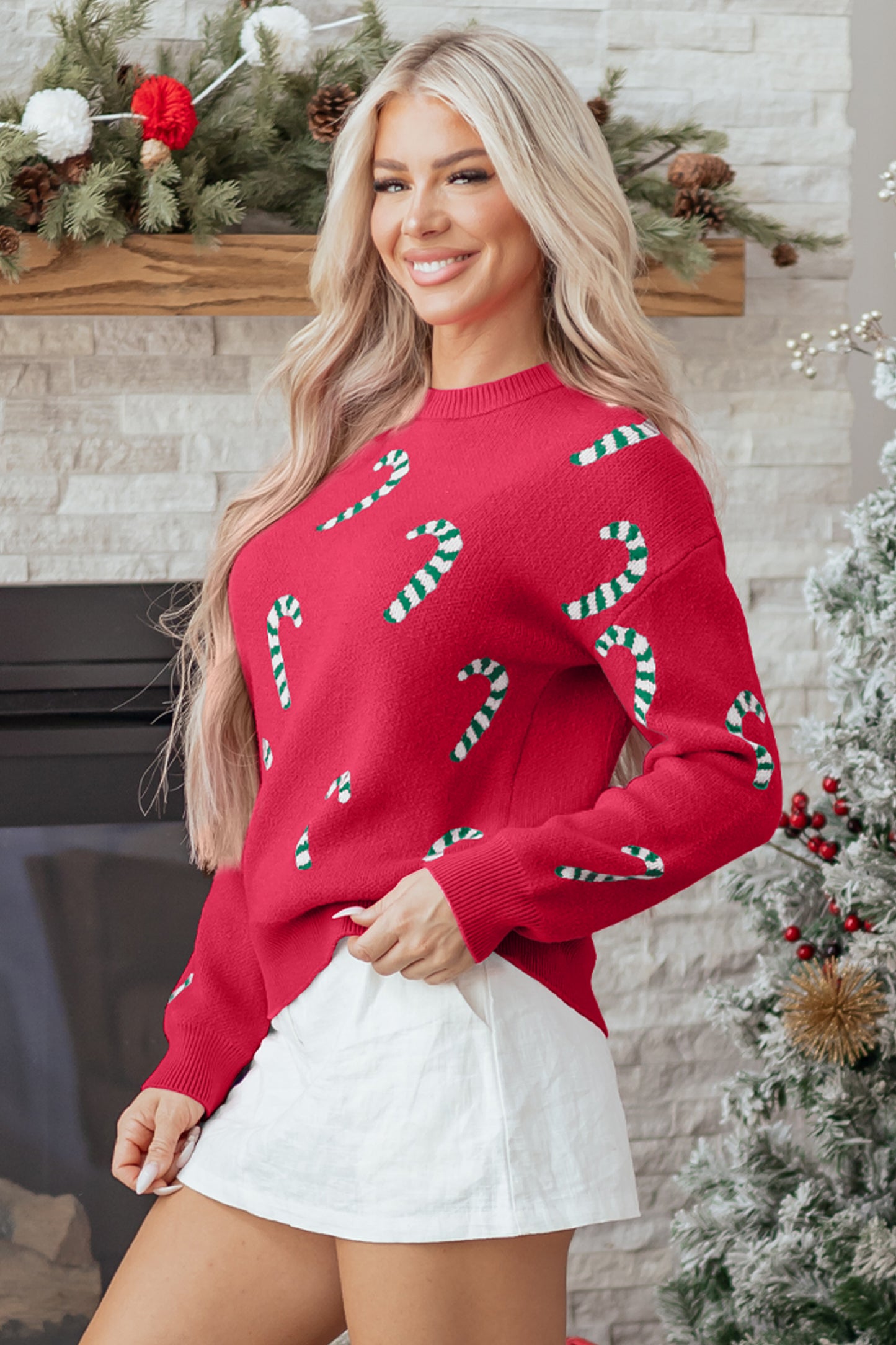 Dark Green Christmas Candy Cane Holiday Drop Shoulder Sweater