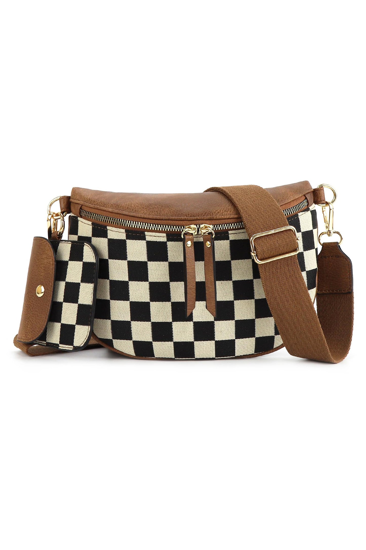 Coffee PU Leather Checkered Knit Patchwork Wallet Attached Shoulder Bag