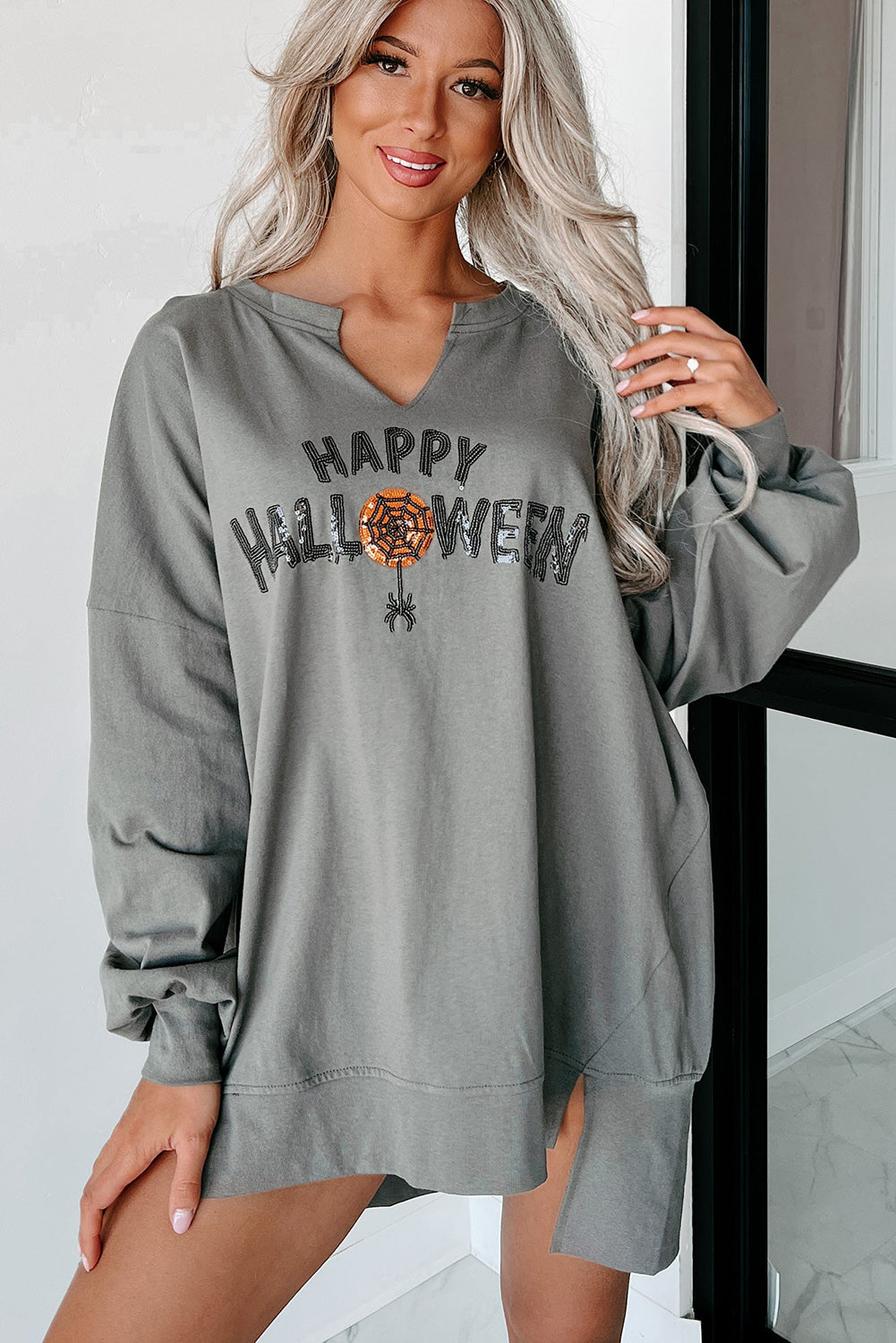 Chestnut Sequin Happy Halloween Graphic Notched Neck Long Sleeve Loose Top