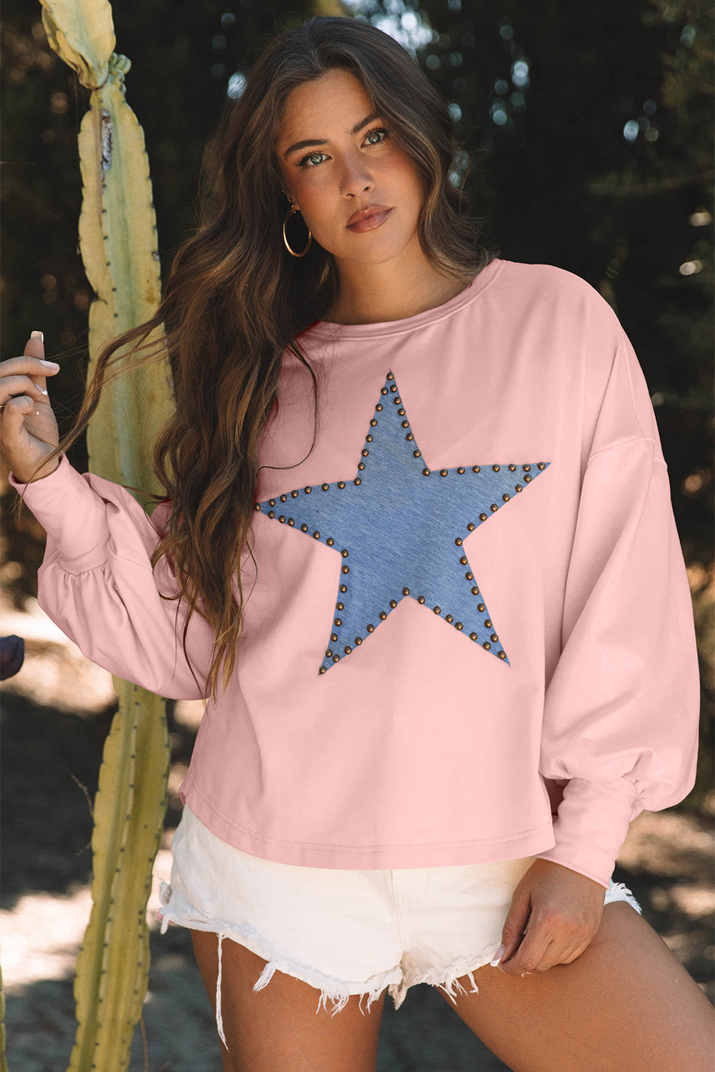 Apricot Studded Star Graphic Oversized Long Sleeve Top