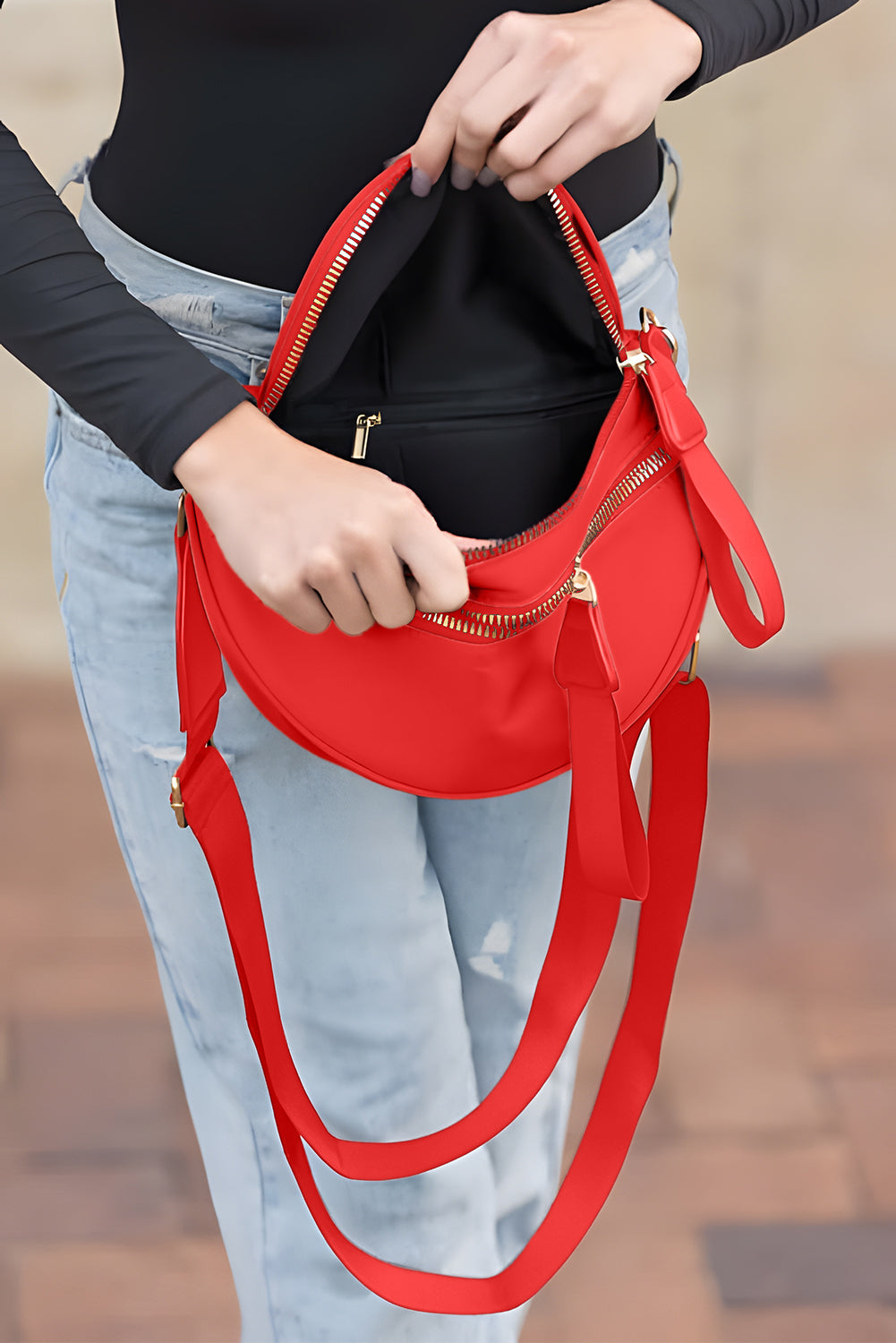 Color black Double Zip Crescent Shape Adjustable Sling Bag