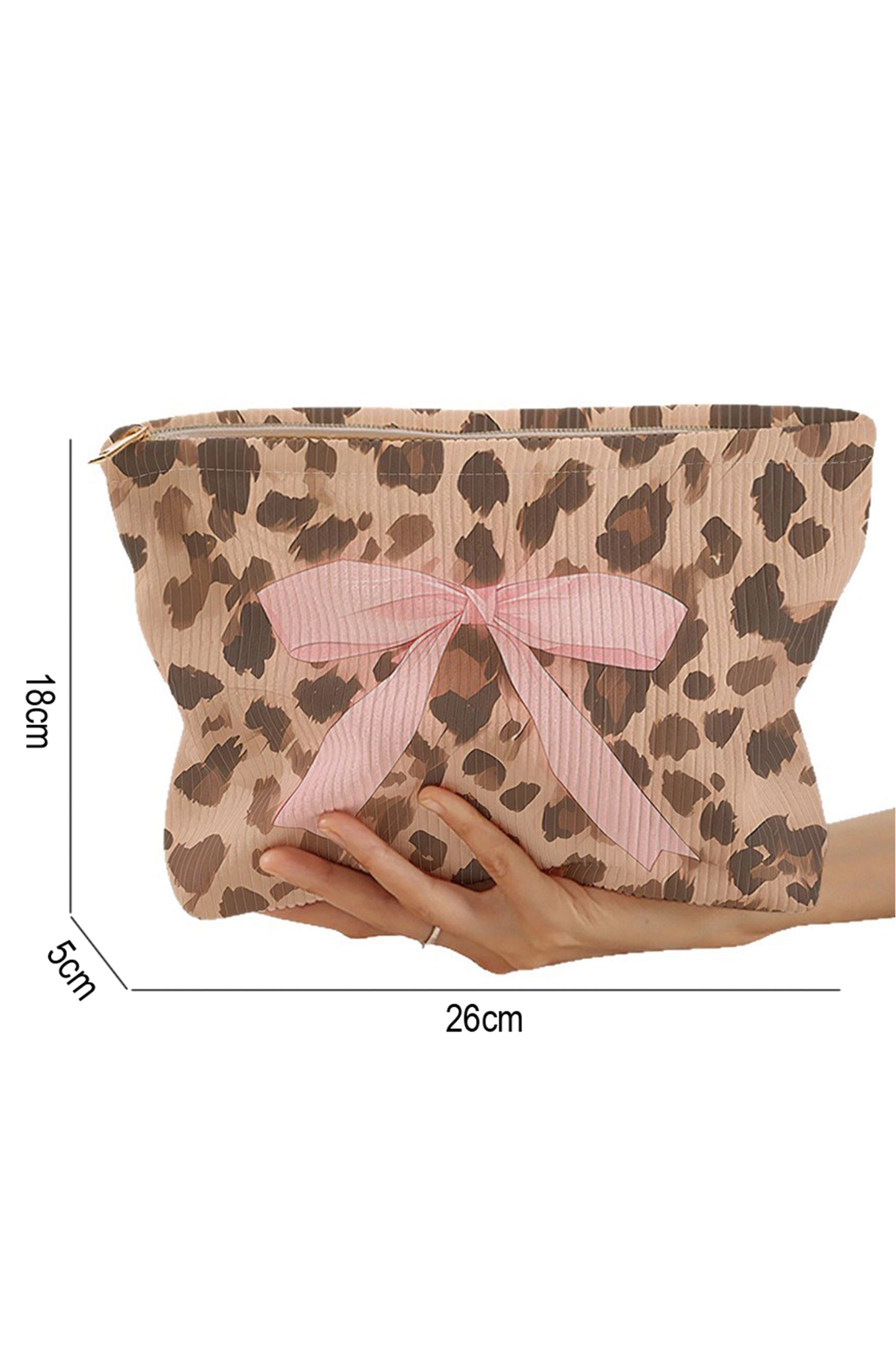Camel Ribbon Bow Leopard Print Ribbed Cloth Makeup Bag