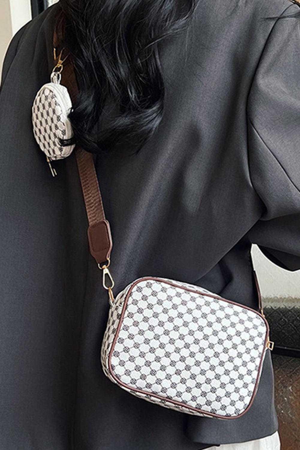 Coffee PU Leather Geometric Pattern Adjustable Strap Shoulder Bag with Wallet