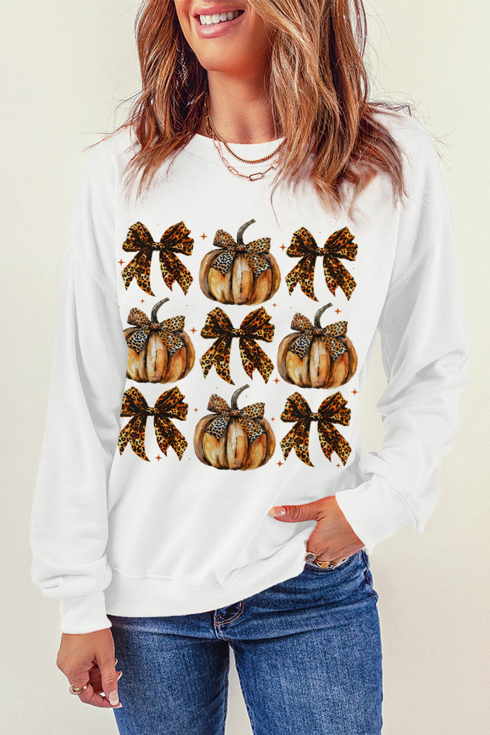 Beige Pumpkin Leopard Bow Knot Print Pullover Sweatshirt