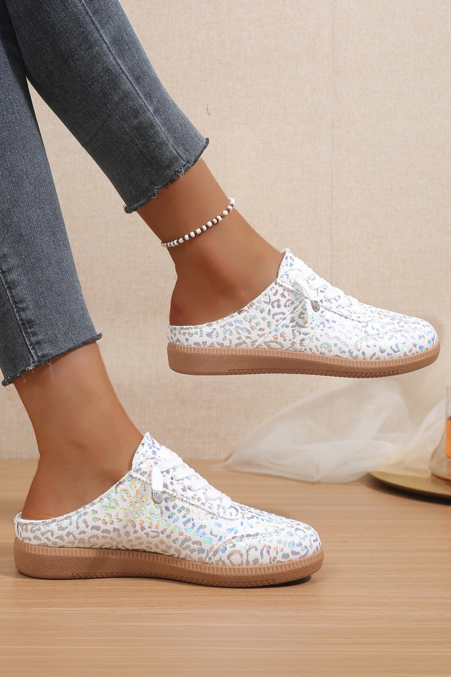 White Shiny Leopard Print Lace up Slip On Shoes