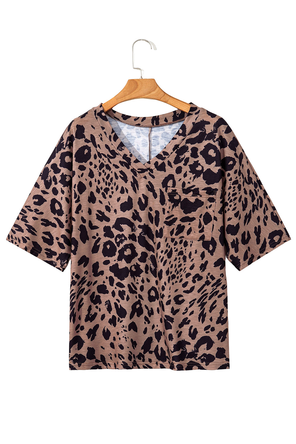 Brown Leopard Print V Neck Half Sleeve Oversized Tee