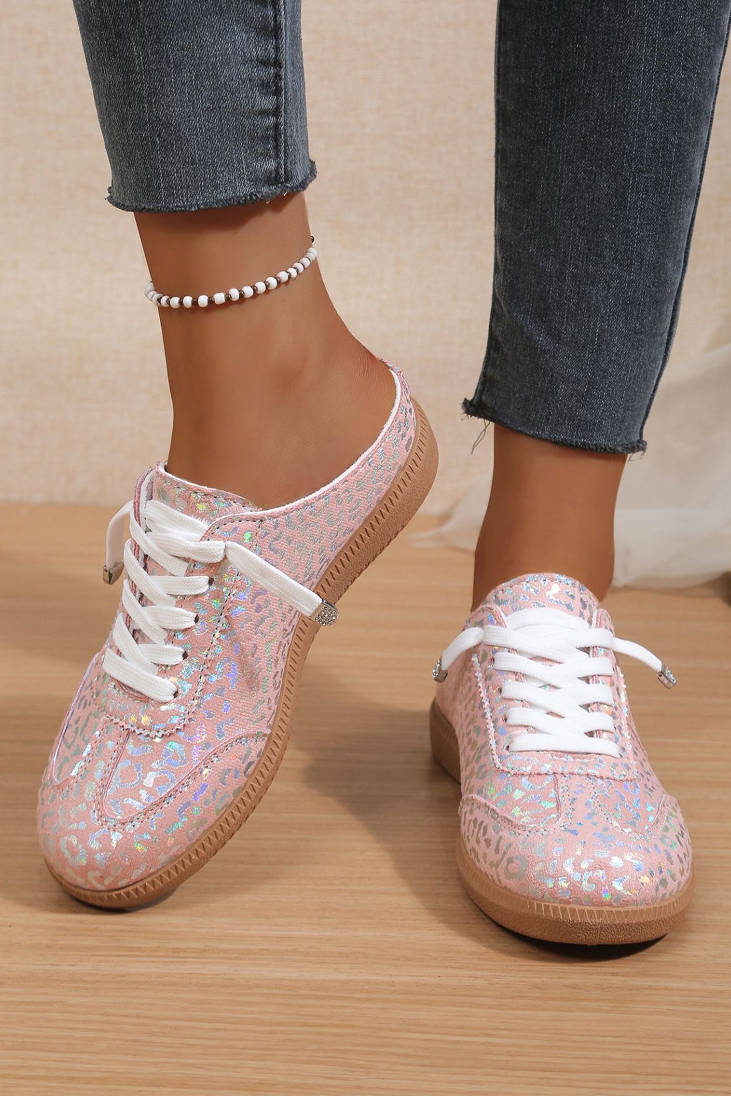 White Shiny Leopard Print Lace up Slip On Shoes