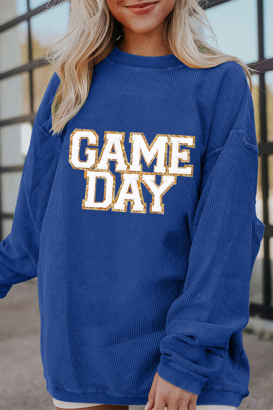 Dark Blue GAME DAY Glitter Detail Ribbed Drop Shoulder Sweatshirt