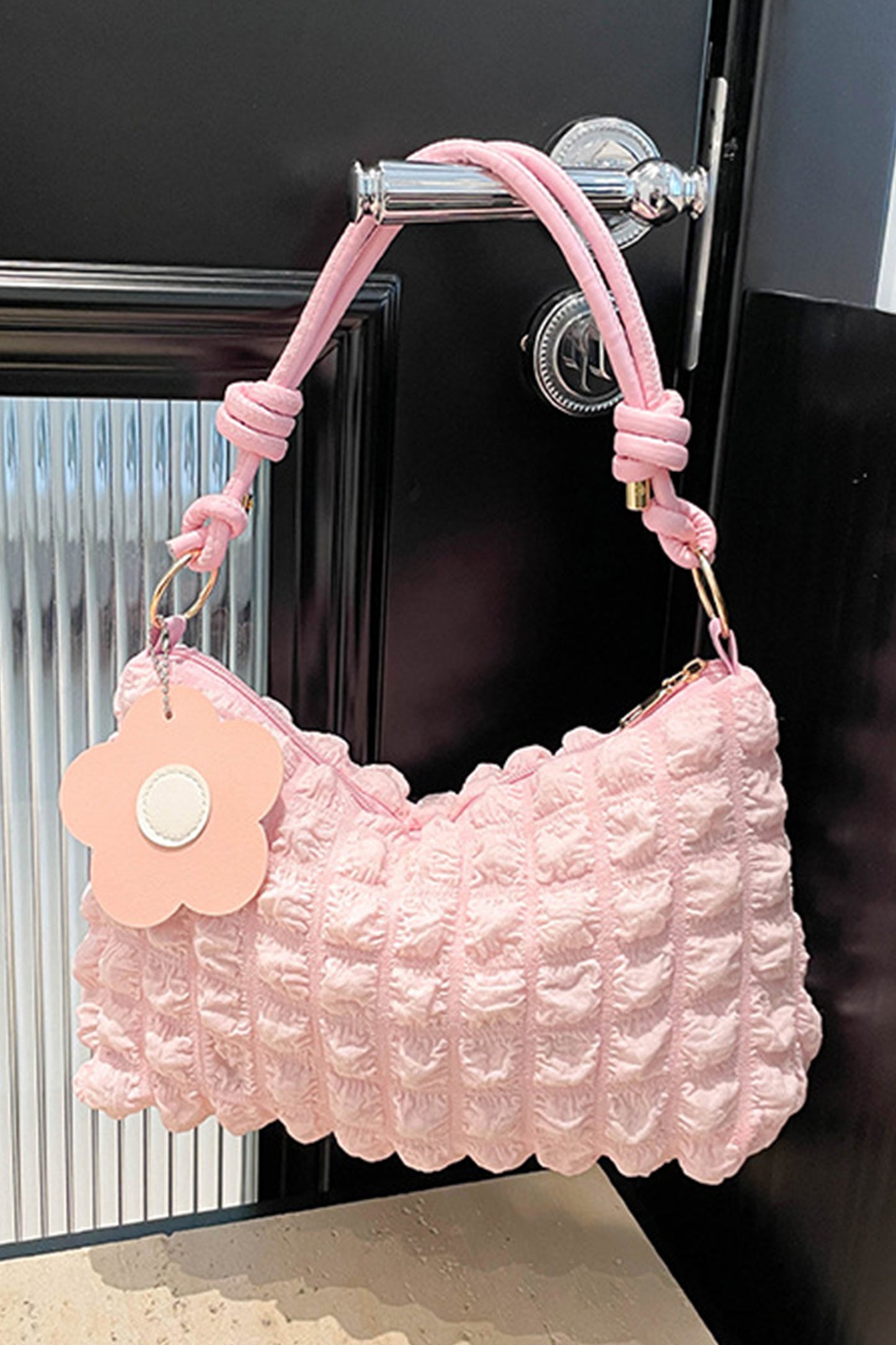 Pink Soft Bubble Textured Cord Handle Flower Shoulder Bag