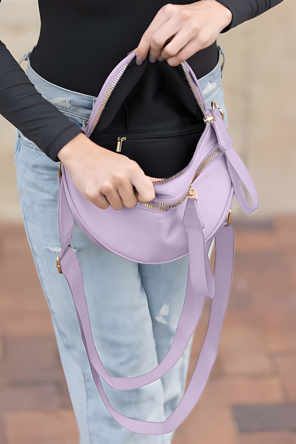 Color black Double Zip Crescent Shape Adjustable Sling Bag