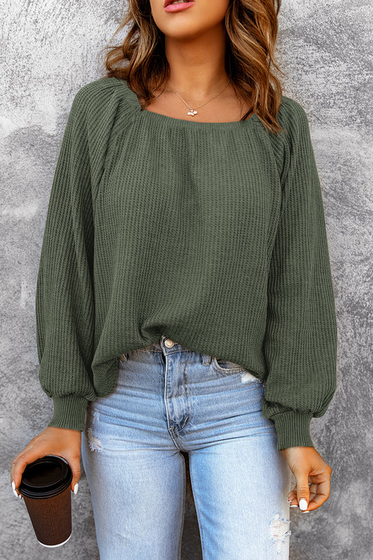 Green Scoop Neck Puff Sleeve Waffle Knit Top