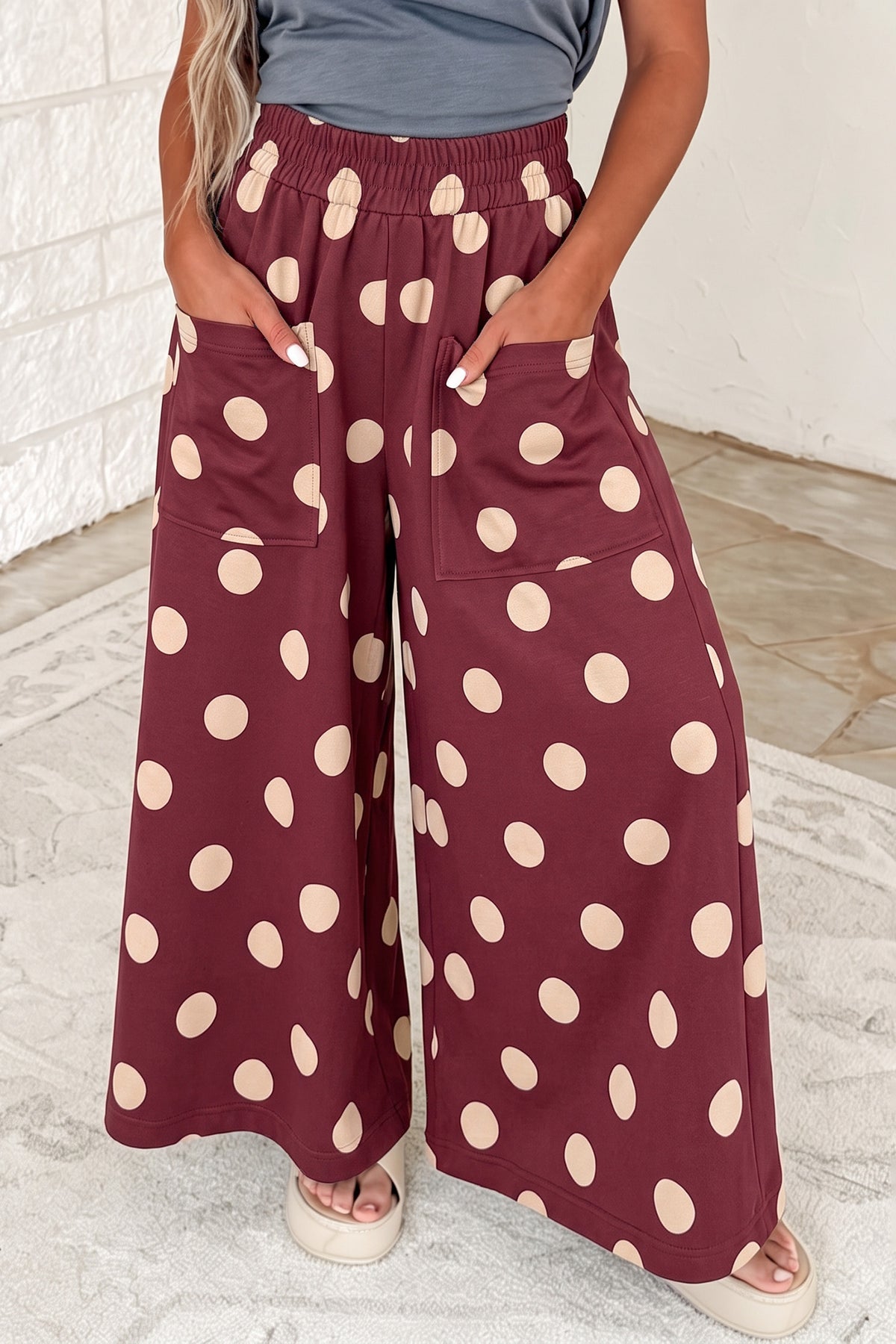 Sail Blue Polka Dot Wide Leg Elastic Waist Casual Pants