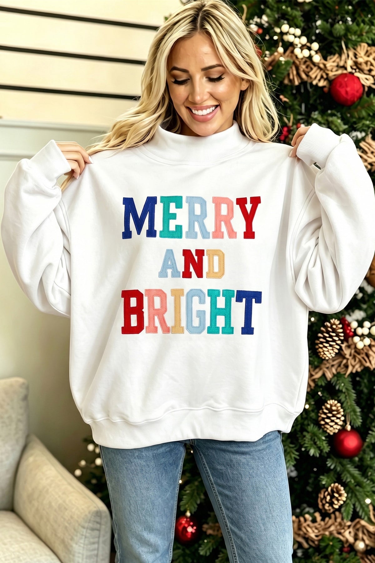 Peach Blossom MERRY AND BRIGHT Stitched Letter Pattern Mock Neck Sweatshirt