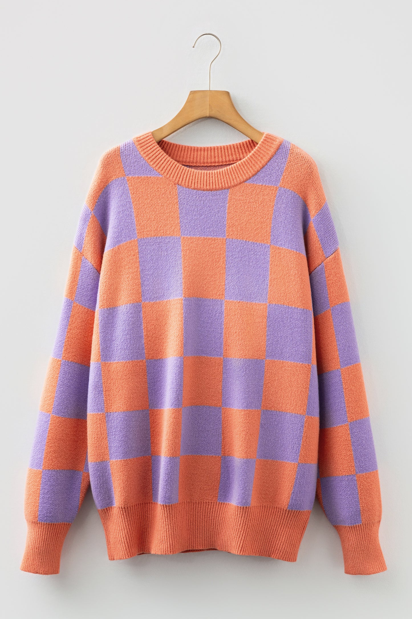 Parchment Checkered Pattern Ribbed Trim Knit Baggy Sweater