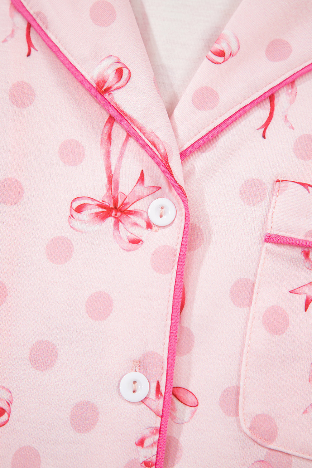 Pink Bow Print Contrast Pipping Short Pajamas Set