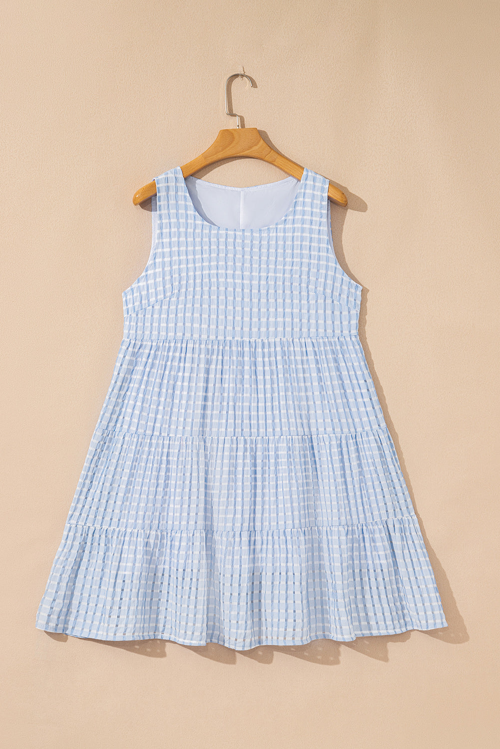 Light Blue Plaid Tiered A-line Sleeveless Mini Sundress
