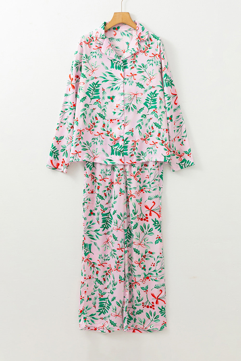 Pink Christmas Berries Plant Print Satin Long Sleeve Pajama Set