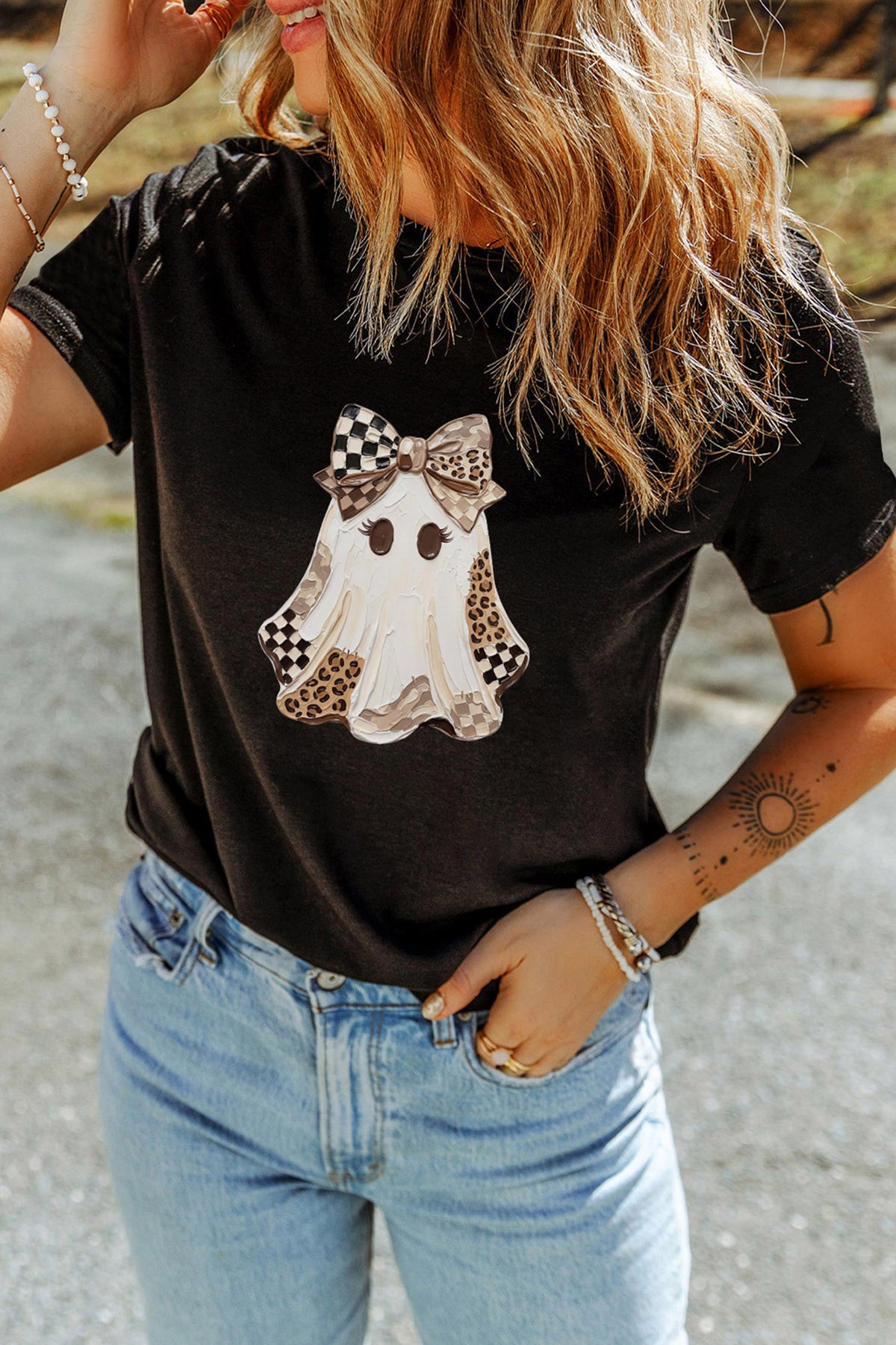 Black Checkered Leopard Ghost Print Round Neck Halloween T Shirt